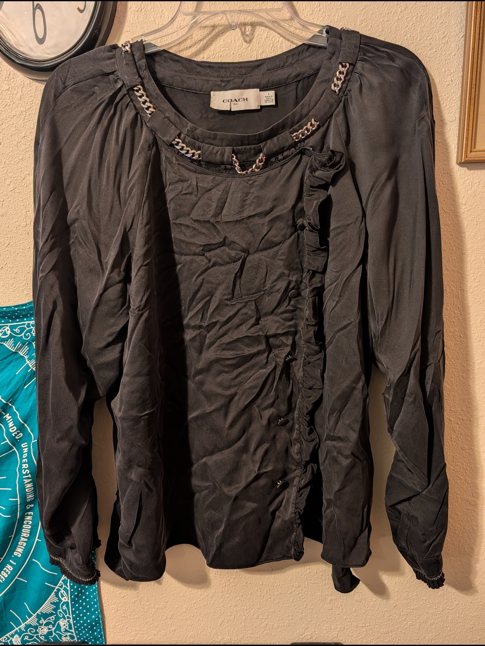 Coach Black Ruffle-Front Long Sleeve Blouse with Chain Trim